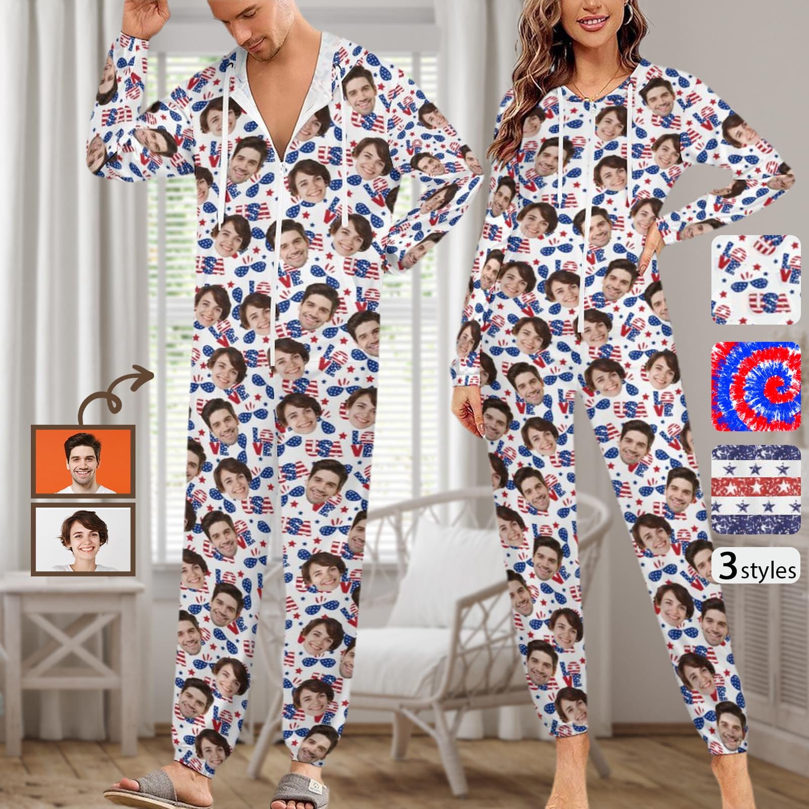 Custom Custom Face American Flag Unisex Adult Hooded Onesie Jumpsuits with Pocket Personalized Zip One-piece Pajamas - YesCustom
