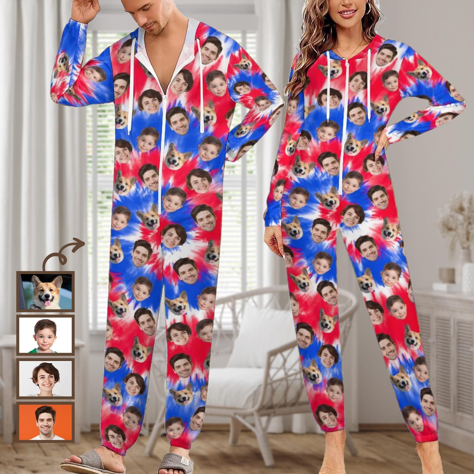 Custom Custom Face American Flag Unisex Adult Hooded Onesie Jumpsuits with Pocket Personalized Zip One-piece Pajamas - YesCustom
