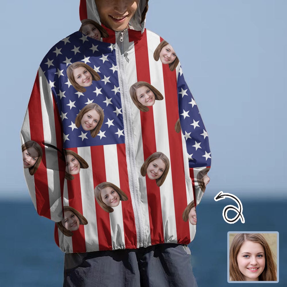 Custom Custom Face American Flag Unisex Sun Protection Lightweight Hoodie Long Sleeve Zipper Shirt - YesCustom