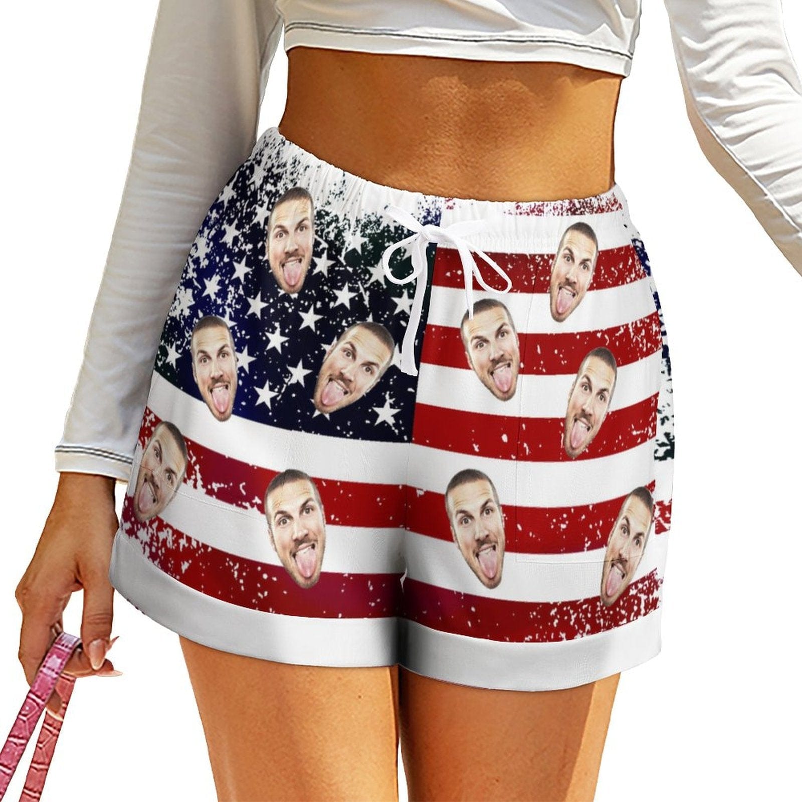 Custom Custom Face American Flag Women High Waist Shorts Hot Short Pants Casual Loose Shorts Beachwear for Women Fitness Running Trousers - YesCustom