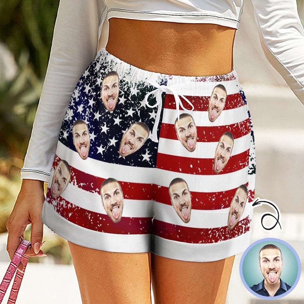 Custom Custom Face American Flag Women High Waist Shorts Hot Short Pants Casual Loose Shorts Beachwear for Women Fitness Running Trousers - YesCustom