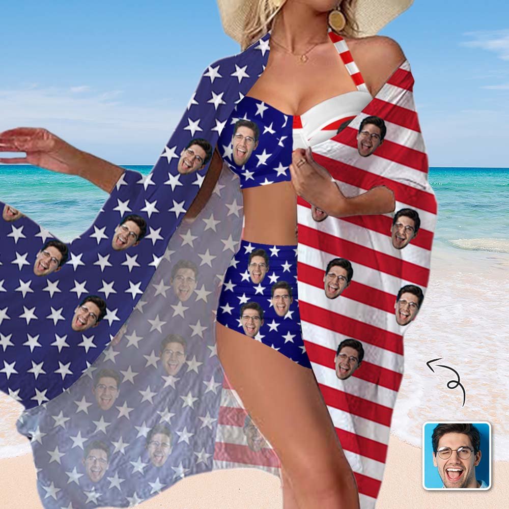 Custom Custom Face American Flag Women's Bikini Swimsuit Long Short Kimono Chiffon Blouse Set - YesCustom
