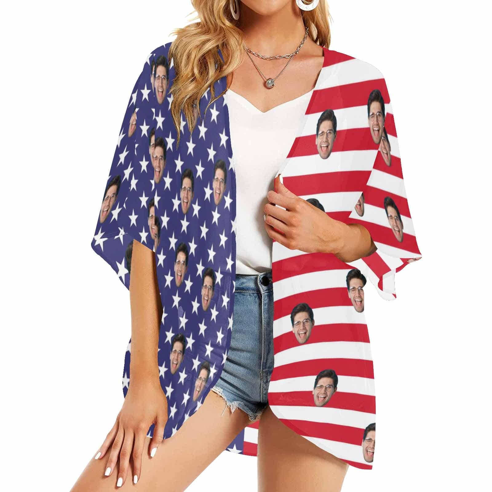 Custom Custom Face American Flag Women's Bikini Swimsuit Long Short Kimono Chiffon Blouse Set - YesCustom