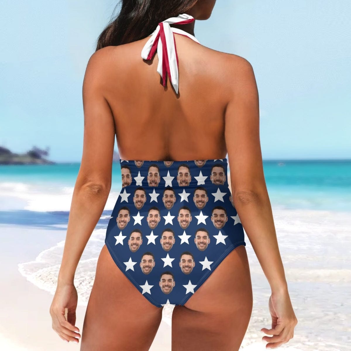 Custom Custom Face American Flag Women's Halter Neck Tie One Piece Swimsuit Sexy Backless Wide Straps V Neck - YesCustom