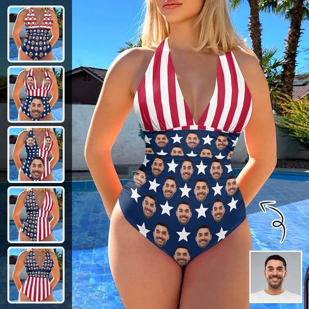 Custom Custom Face American Flag Women's Halter Neck Tie One Piece Swimsuit Sexy Backless Wide Straps V Neck - YesCustom