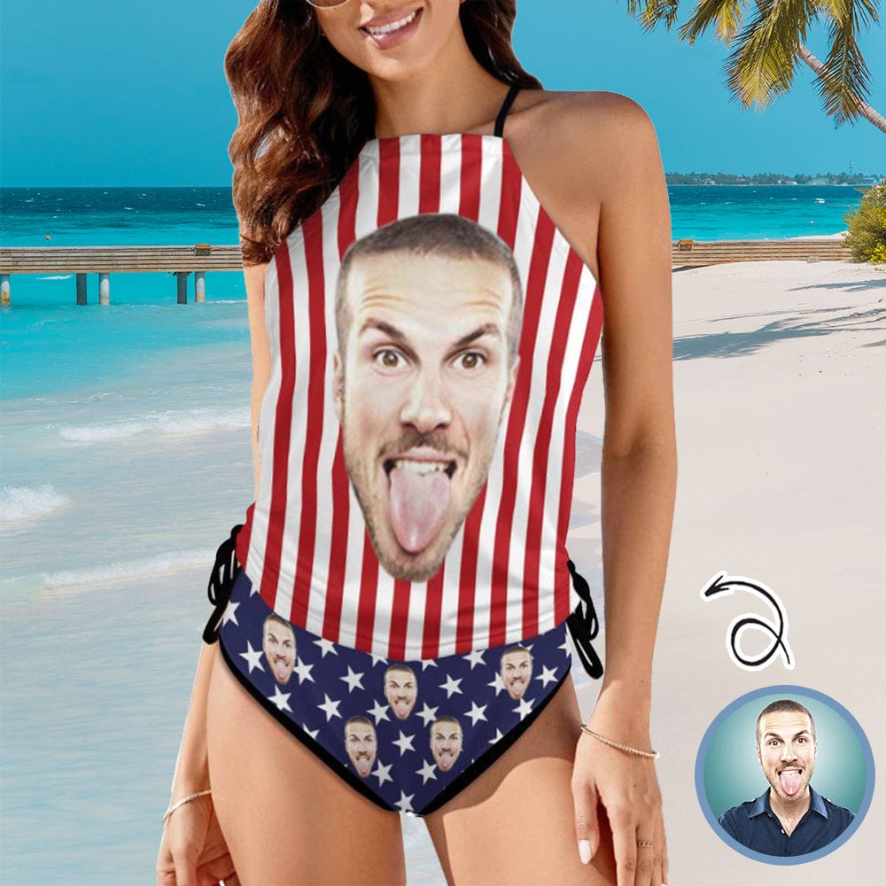 Custom Custom Face American Flag Womens Sexy Halter Tummy Control Swimsuit Tankini Top Sets Fashion Two Piece Bathing Suit with Tie Side - YesCustom