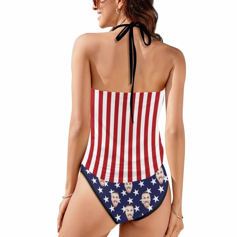 Custom Custom Face American Flag Womens Sexy Halter Tummy Control Swimsuit Tankini Top Sets Fashion Two Piece Bathing Suit with Tie Side - YesCustom