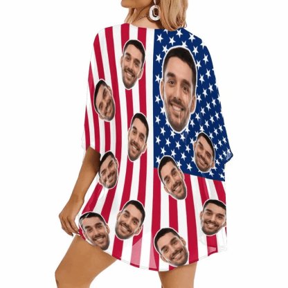 Custom Custom Face American National Flag Personalized Women's Kimono Chiffon Cover Up Gift - YesCustom