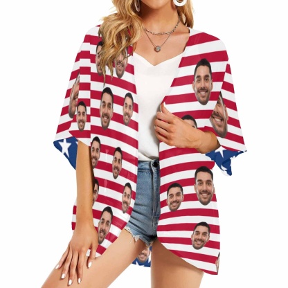 Custom Custom Face American National Flag Personalized Women's Kimono Chiffon Cover Up Gift - YesCustom