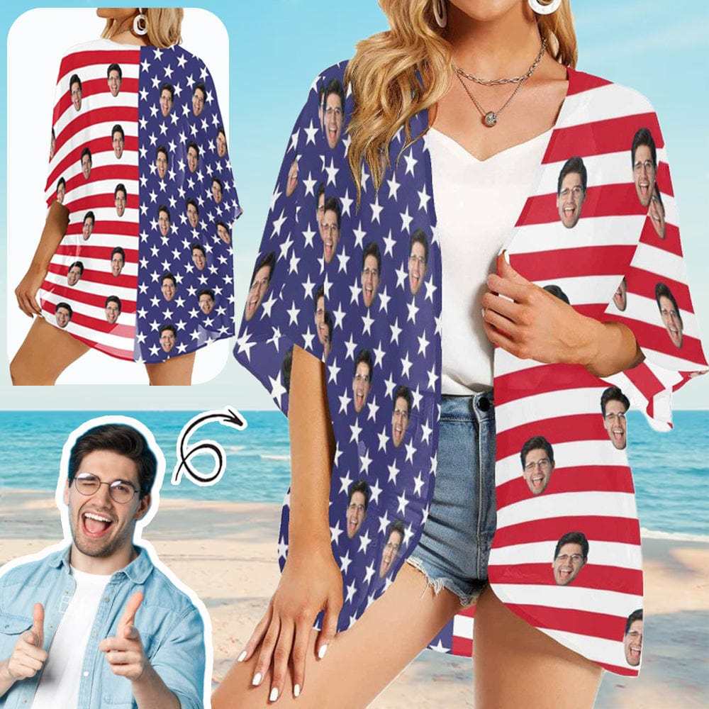 Custom Custom Face American National Flag Personalized Women's Kimono Chiffon Cover Up Gift - YesCustom
