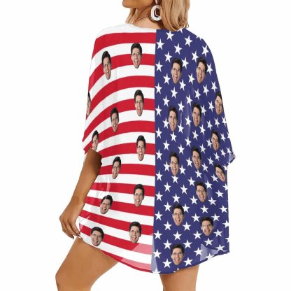 Custom Custom Face American National Flag Personalized Women's Kimono Chiffon Cover Up Gift - YesCustom
