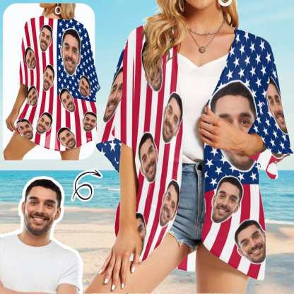 Custom Custom Face American National Flag Personalized Women's Kimono Chiffon Cover Up Gift - YesCustom