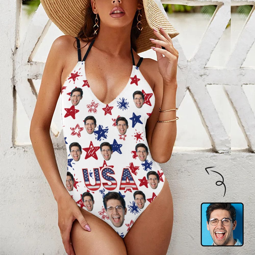 Custom Custom Face American Stars Swimsuit Personalized Women's V-neck One Piece Bathing Suit For Her - YesCustom