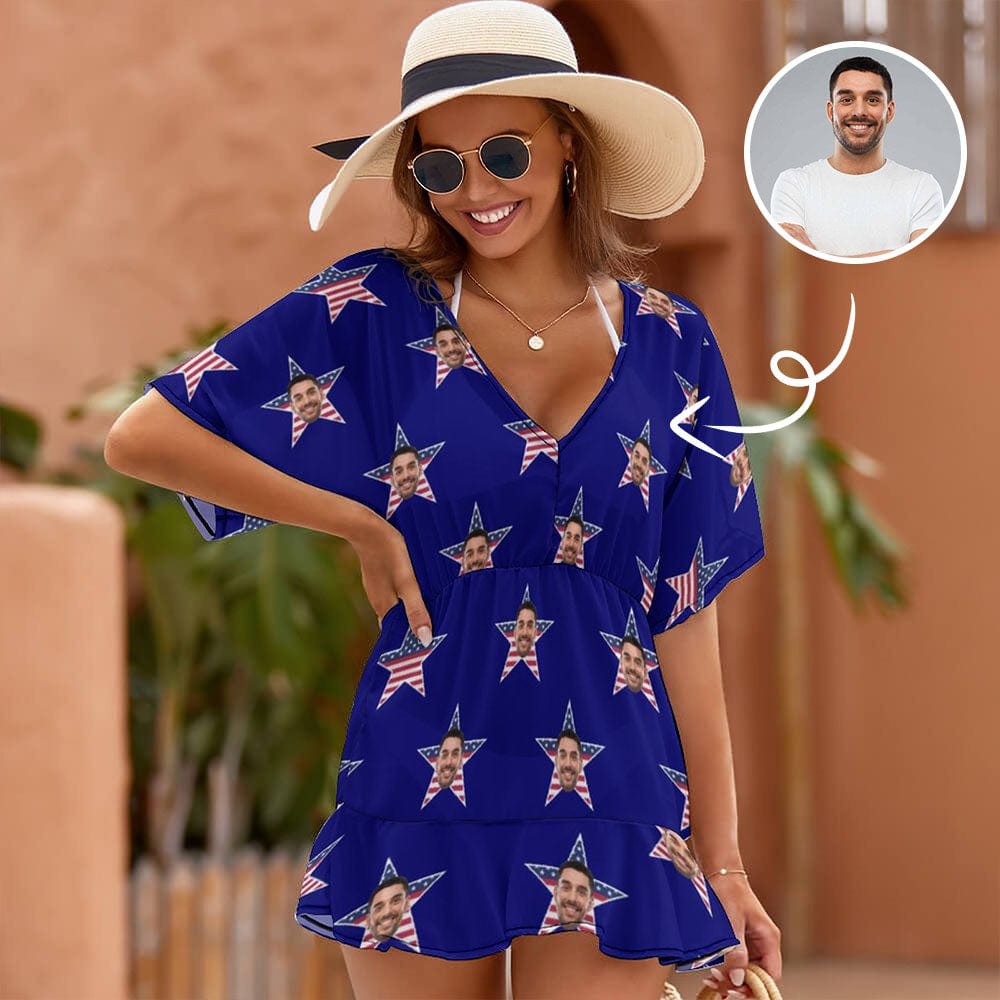Custom Custom Face American Style One Piece Cover Up Dress Personalized Women's Short Sleeve Beachwear Coverups - YesCustom