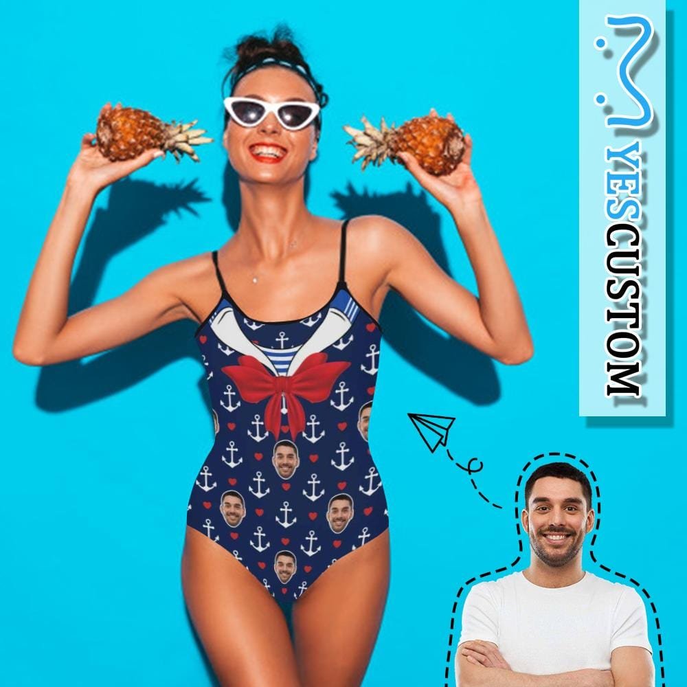 Custom Custom Face Anchors Swimsuit Personalized Women's Slip One Piece Bathing Suit Bridesmaid Pool Party - YesCustom