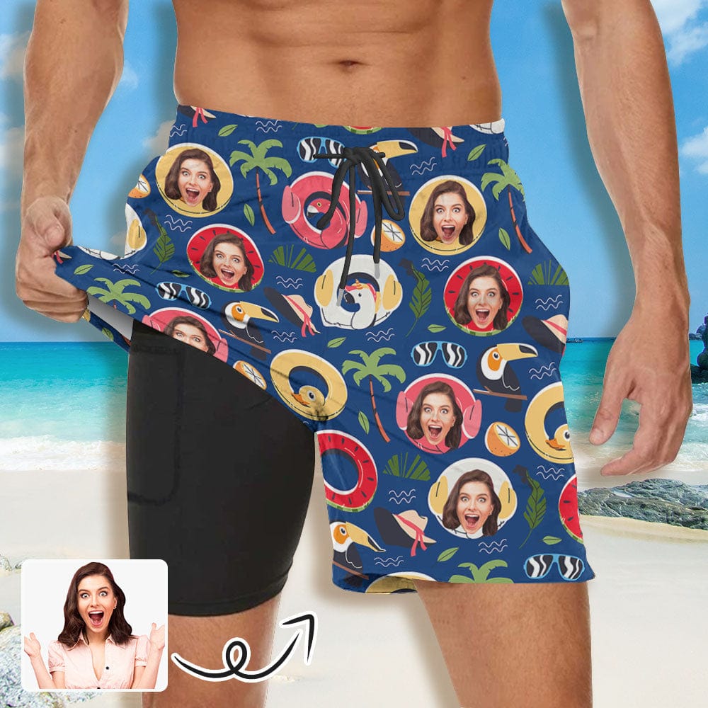 Custom Custom Face Animal Swimming Ring Coconut Tree Men's Quick Dry 2 in 1 Surfing & Beach Shorts Male Gym Fitness Shorts - YesCustom