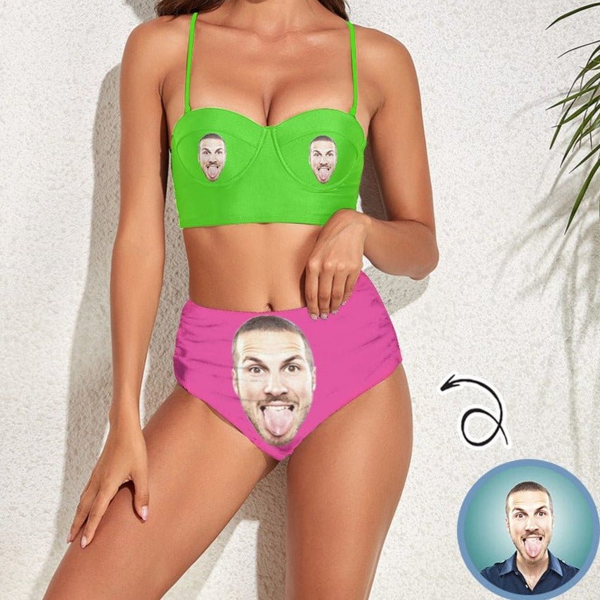 Custom Custom Face Attractive Color Contrast High Waist Bikini Personalized Two-piece Swimsuit - YesCustom