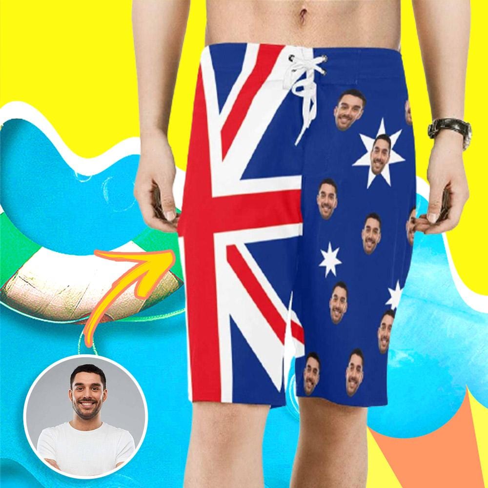Custom Custom Face AU Flag Personalized Photo Men's Beach Shorts Drawstring Shorts - YesCustom