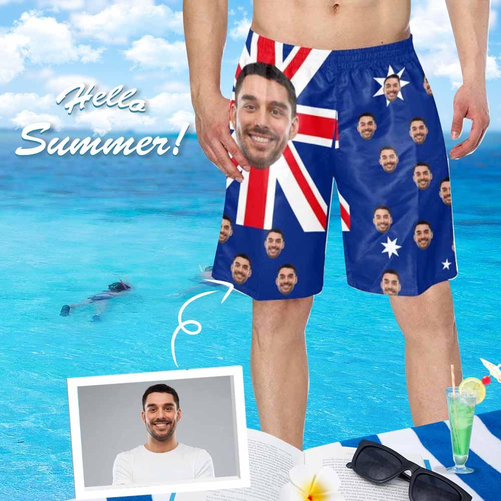 Custom Custom Face AU Flag Personalized Photo Men's Elastic Beach Shorts - YesCustom