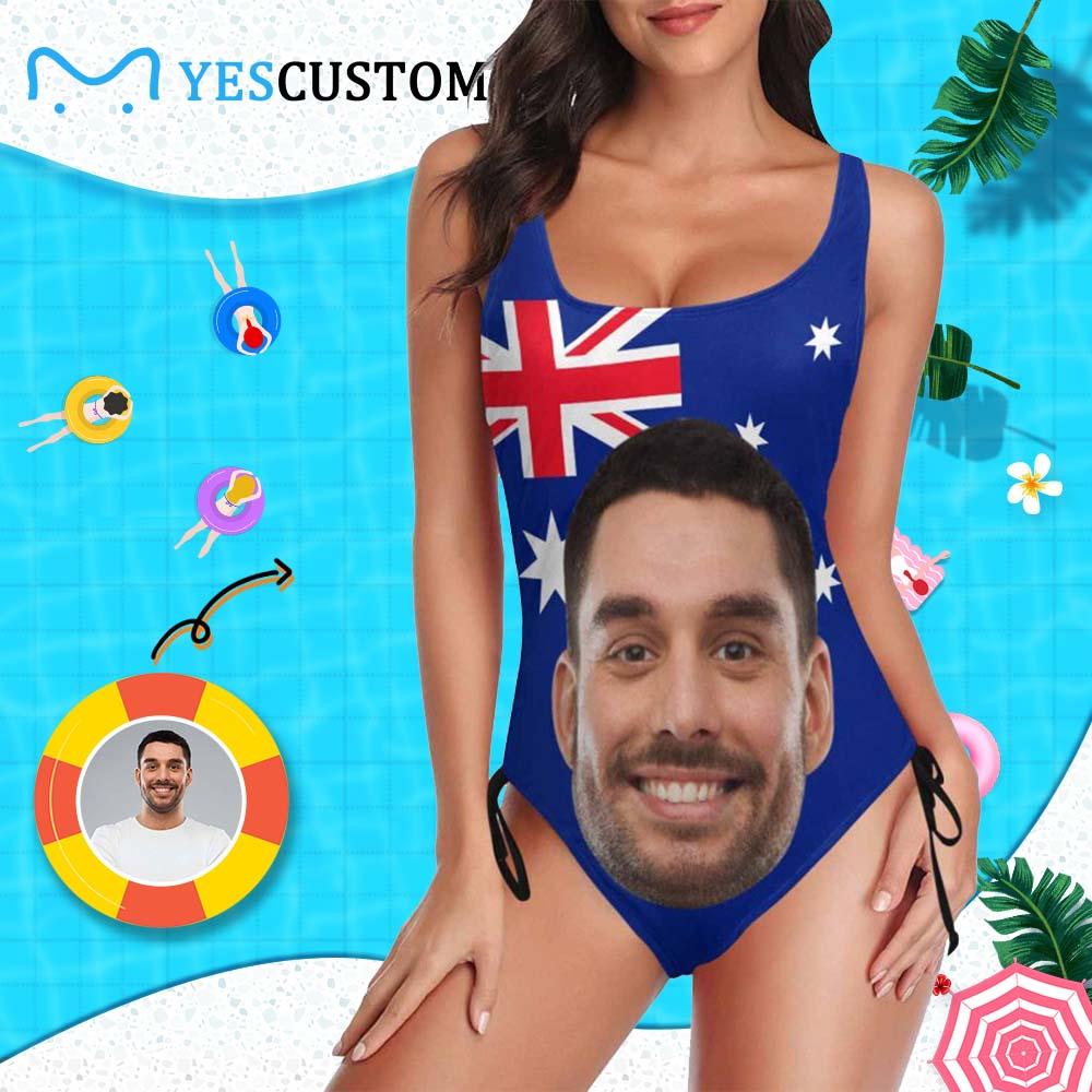 Custom Custom Face Australia Flag Swimsuit Personalized Women's New Drawstring Side One Piece Bathing Suit Celebrate Holiday Party - YesCustom