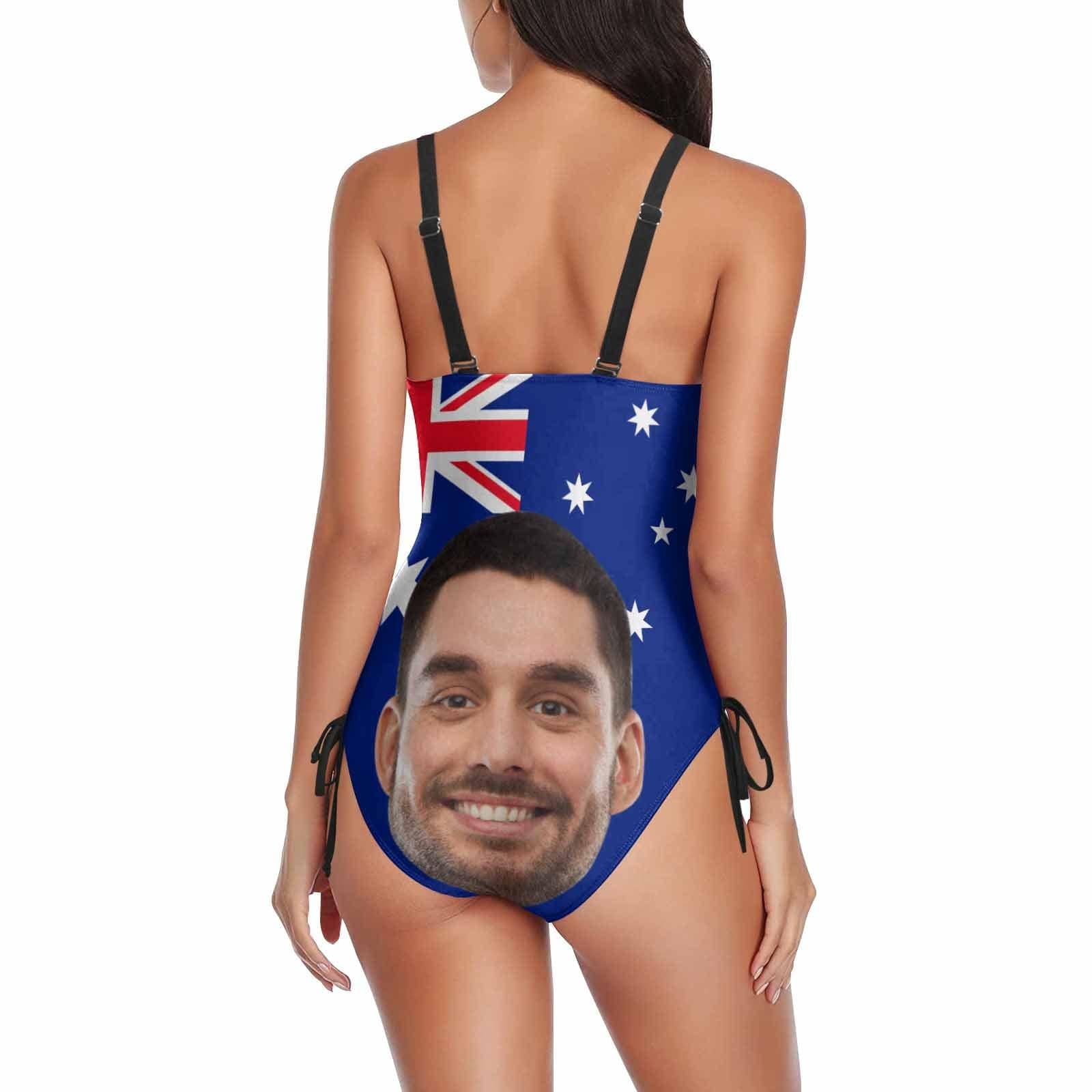 Custom Custom Face Australia Flag Swimsuit Personalized Women's New Drawstring Side One Piece Bathing Suit Celebrate Holiday Party - YesCustom