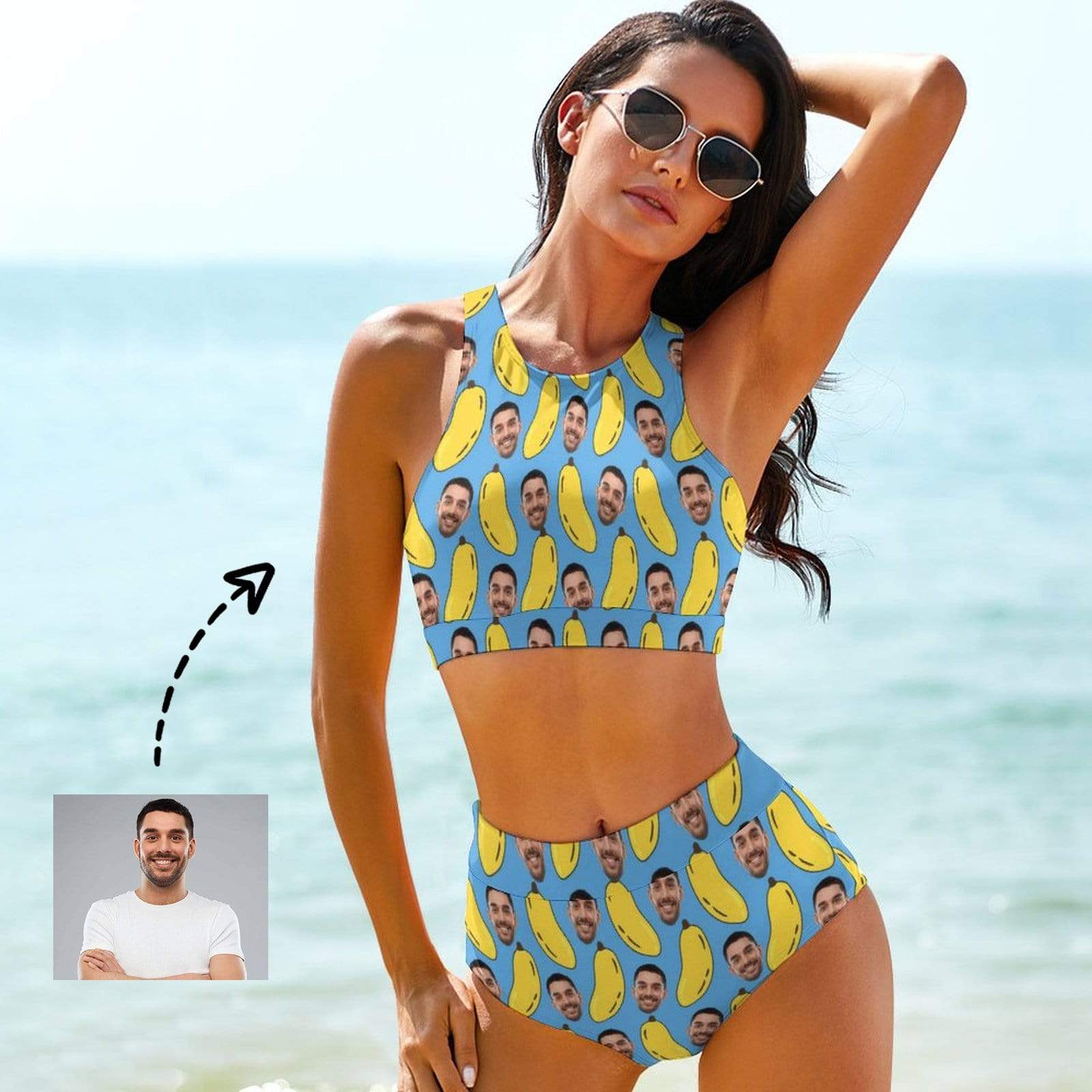 Custom Custom Face Banana High Crew Neck High Waisted Bikini Personalized Women's Two Piece Swimsuit Beach Outfits - YesCustom