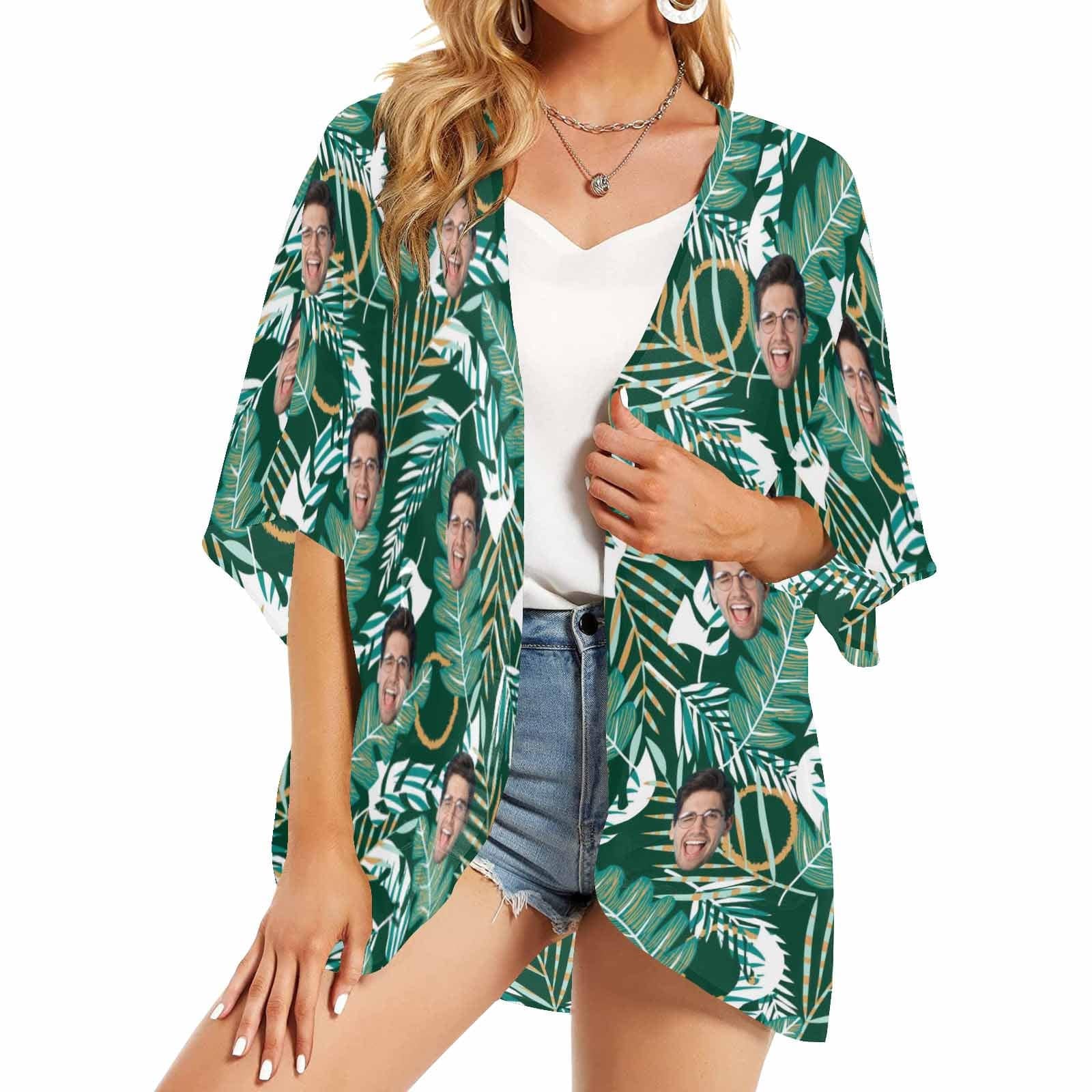 Custom Custom Face Banana Leaves Women's Bikini Swimsuit Long Short Kimono Chiffon Blouse Set - YesCustom