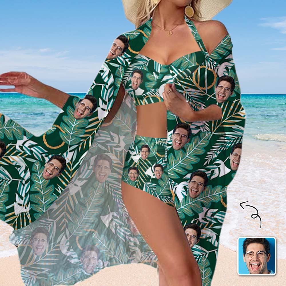 Custom Custom Face Banana Leaves Women's Bikini Swimsuit Long Short Kimono Chiffon Blouse Set - YesCustom