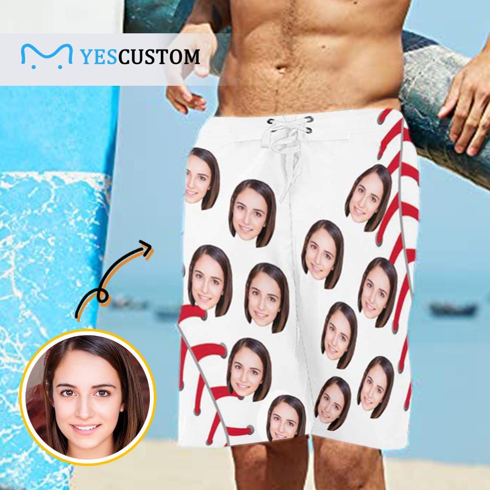 Custom Custom Face Baseball Red White Personalized Photo Men's Beach Shorts Drawstring Shorts - YesCustom
