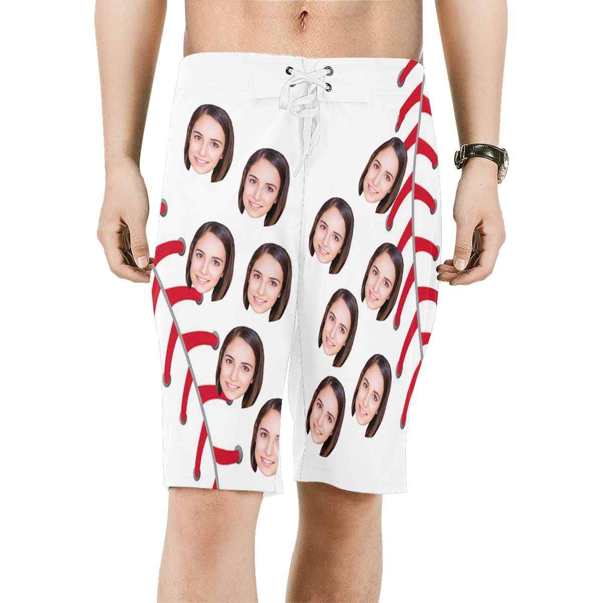 Custom Custom Face Baseball Red White Personalized Photo Men's Beach Shorts Drawstring Shorts - YesCustom