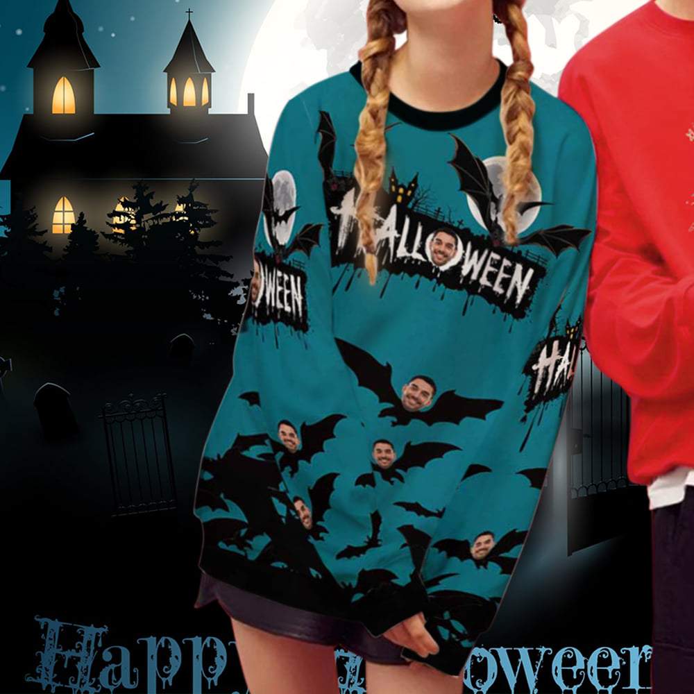 Custom Custom Face Bat Women's Casual Crew Neck Sweatshirt Personalized Long Sleeve Loose Sweatshirt For Halloween - YesCustom