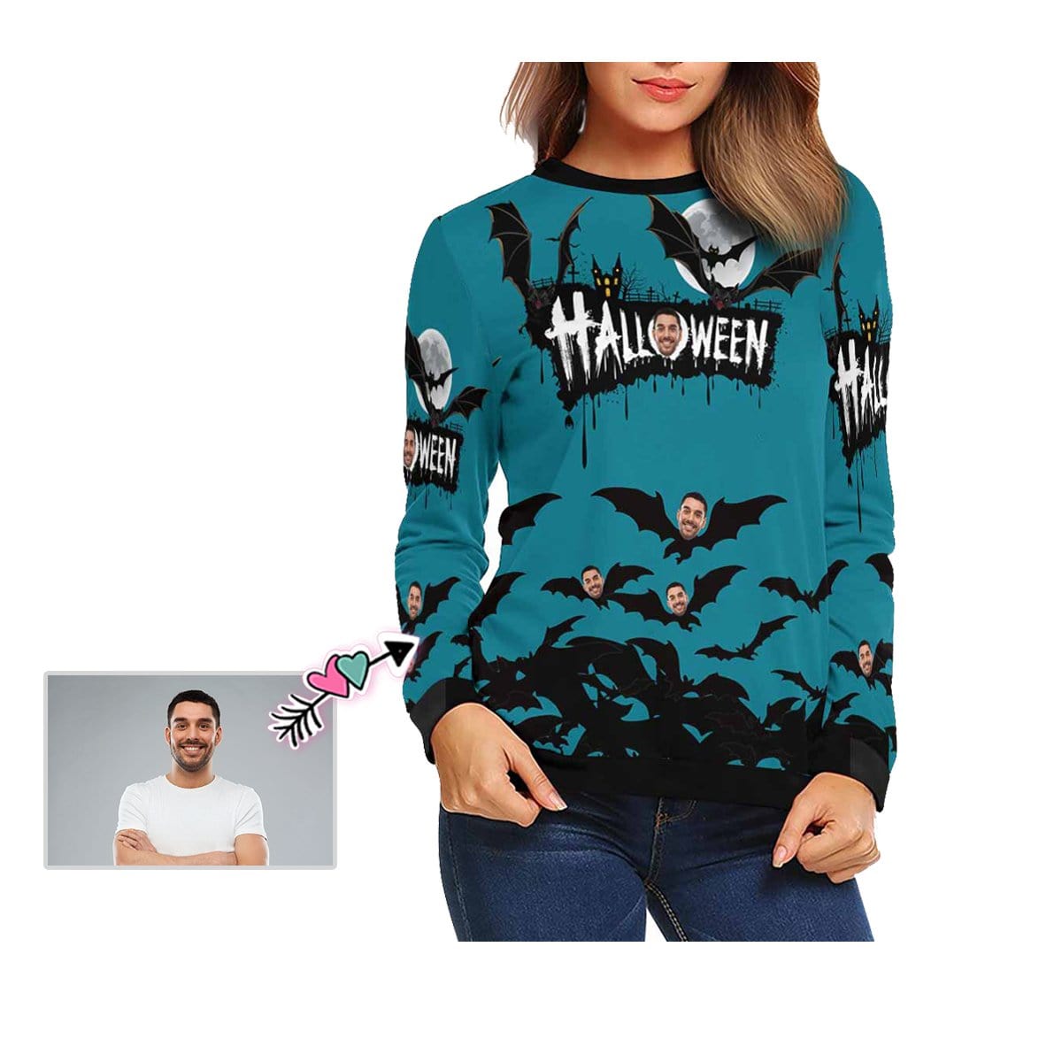 Custom Custom Face Bat Women's Casual Crew Neck Sweatshirt Personalized Long Sleeve Loose Sweatshirt For Halloween - YesCustom