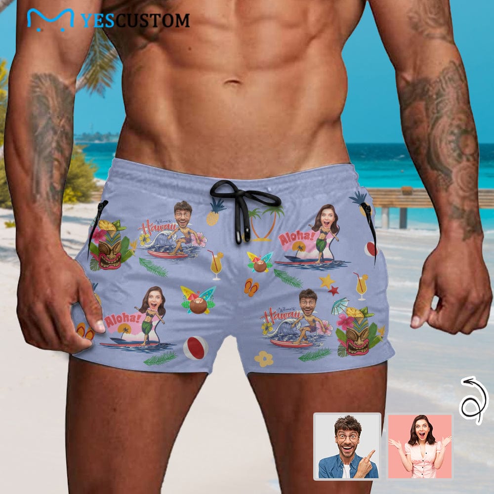 Custom Custom Face Beach Hawaii Aloha Men's Quick Dry Shorts Personalized Swim Trunks with Side Zipper Pocket Surfing Square Leg Board Shorts - YesCustom