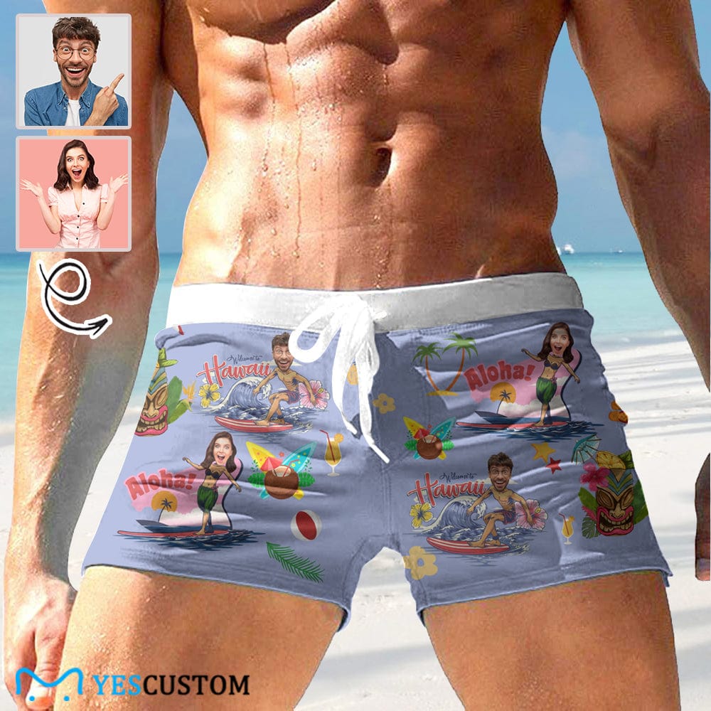 Custom Custom Face Beach Hawaii Aloha Men's Swimwear Short Swim Trunks with Zipper Pocket Personalized Surfing Square Leg Board Shorts - YesCustom