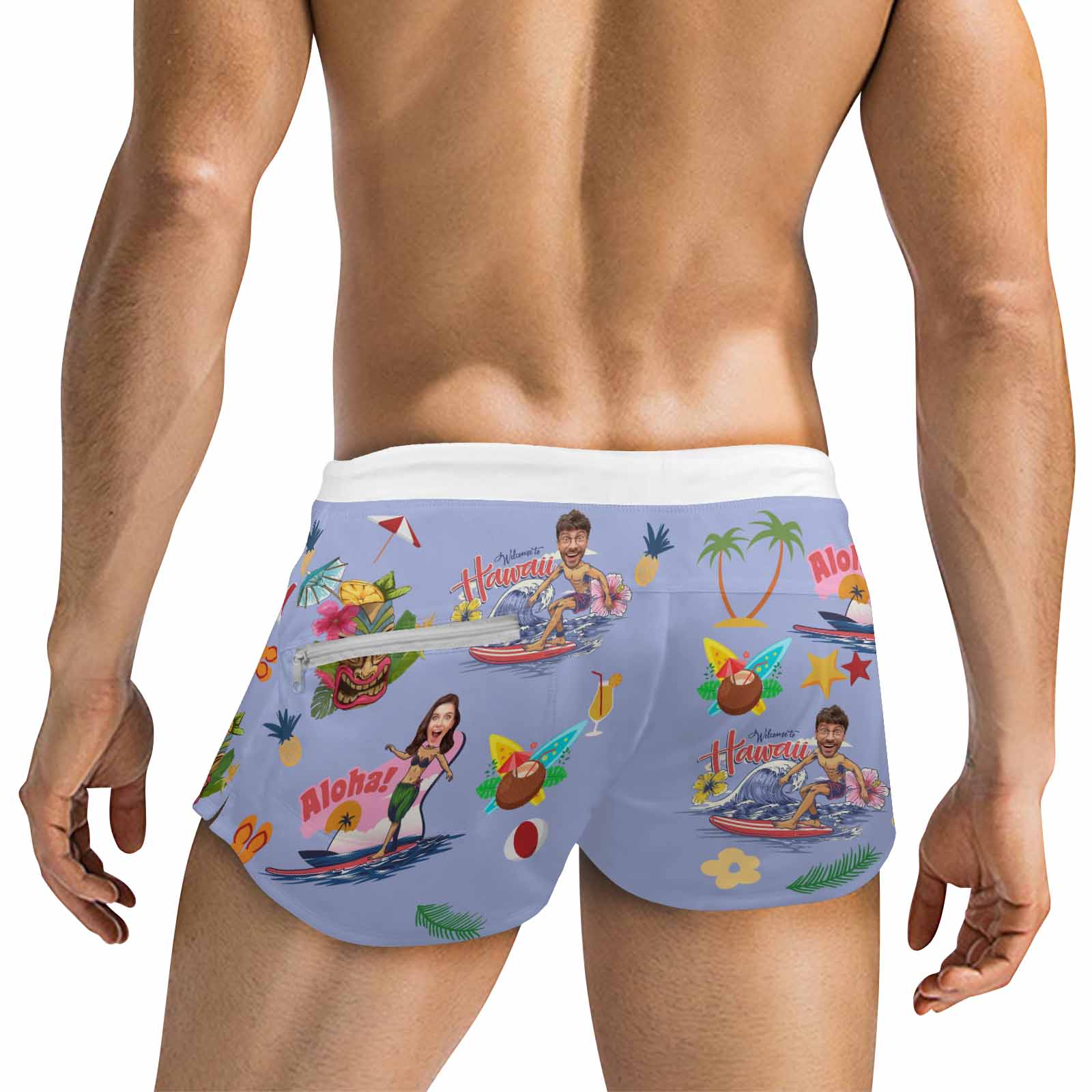 Custom Custom Face Beach Hawaii Aloha Men's Swimwear Short Swim Trunks with Zipper Pocket Personalized Surfing Square Leg Board Shorts - YesCustom