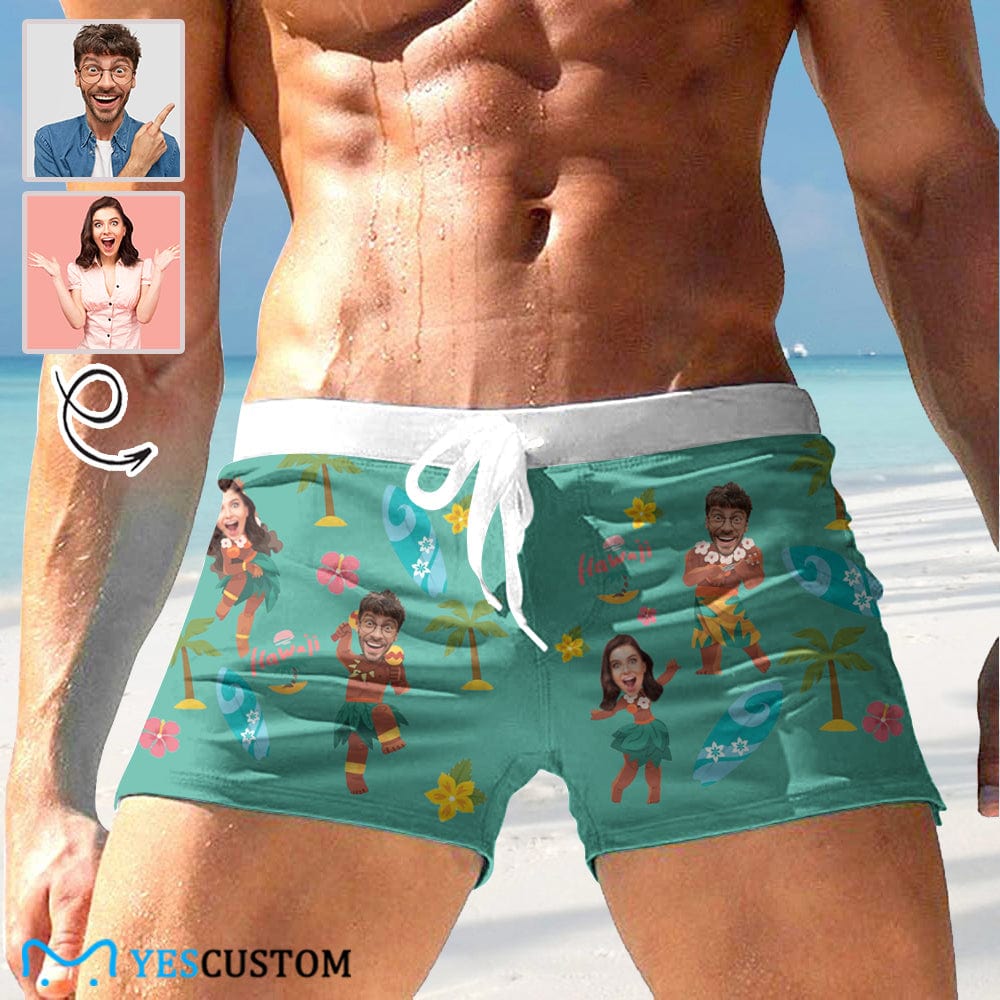 Custom Custom Face Beach Hula Dance Green Men's Swimwear Short Swim Trunks with Zipper Pocket Personalized Surfing Square Leg Board Shorts - YesCustom