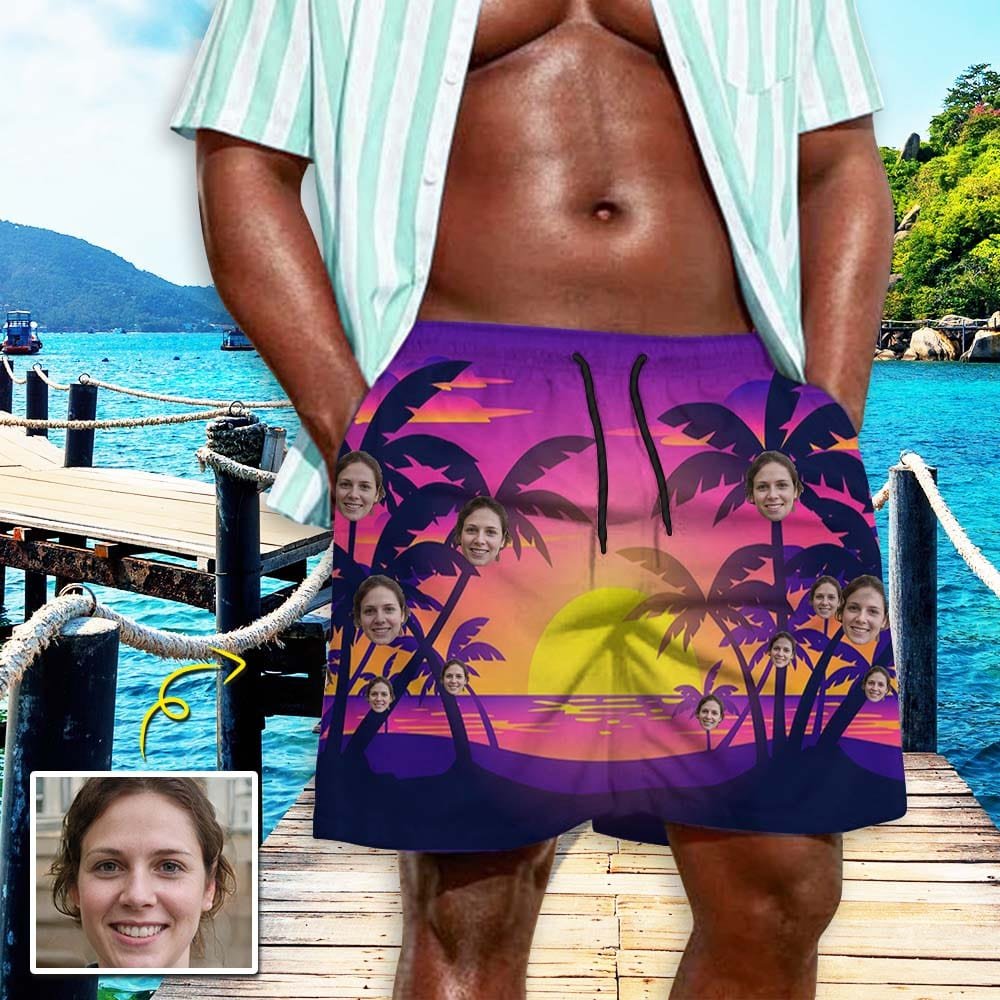 Custom Custom Face Beauty Sunset Personalized Photo Men's Quick-drying Beach Shorts - YesCustom