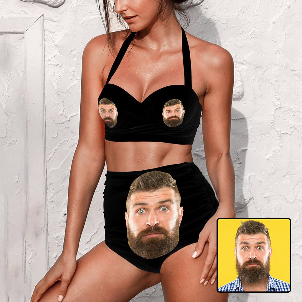 Custom Custom Face Big Face Black Strap Personalized Two-piece Bikini Swimsuit - YesCustom