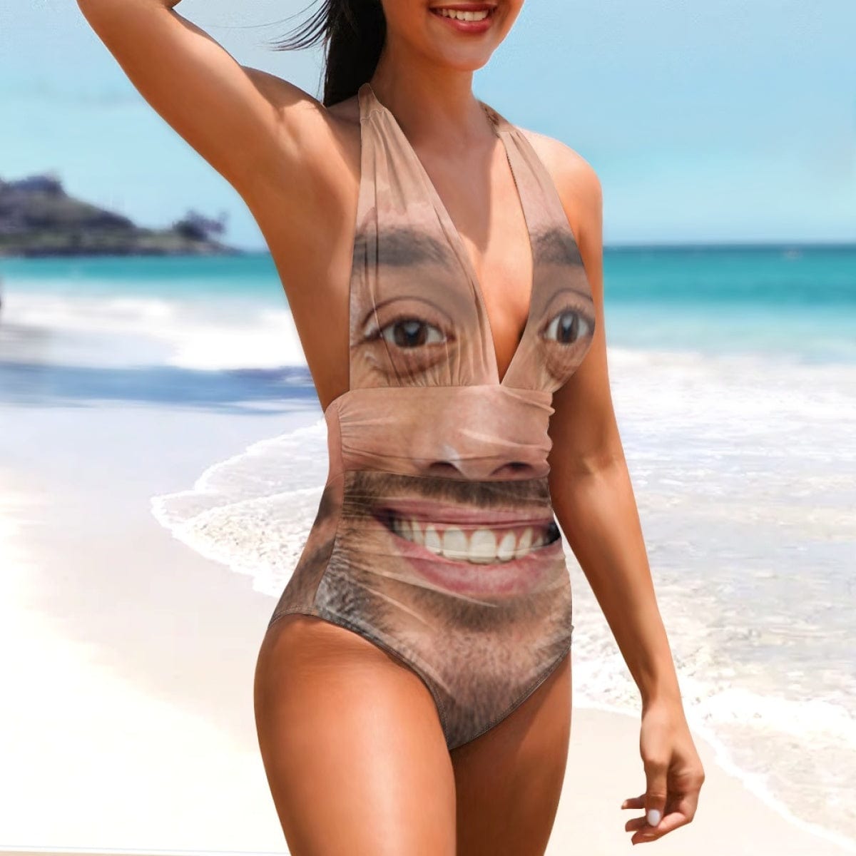 Custom Custom Face Big Funny Face Women's Halter Neck Tie One Piece Swimsuit Sexy Backless Wide Straps V Neck - YesCustom