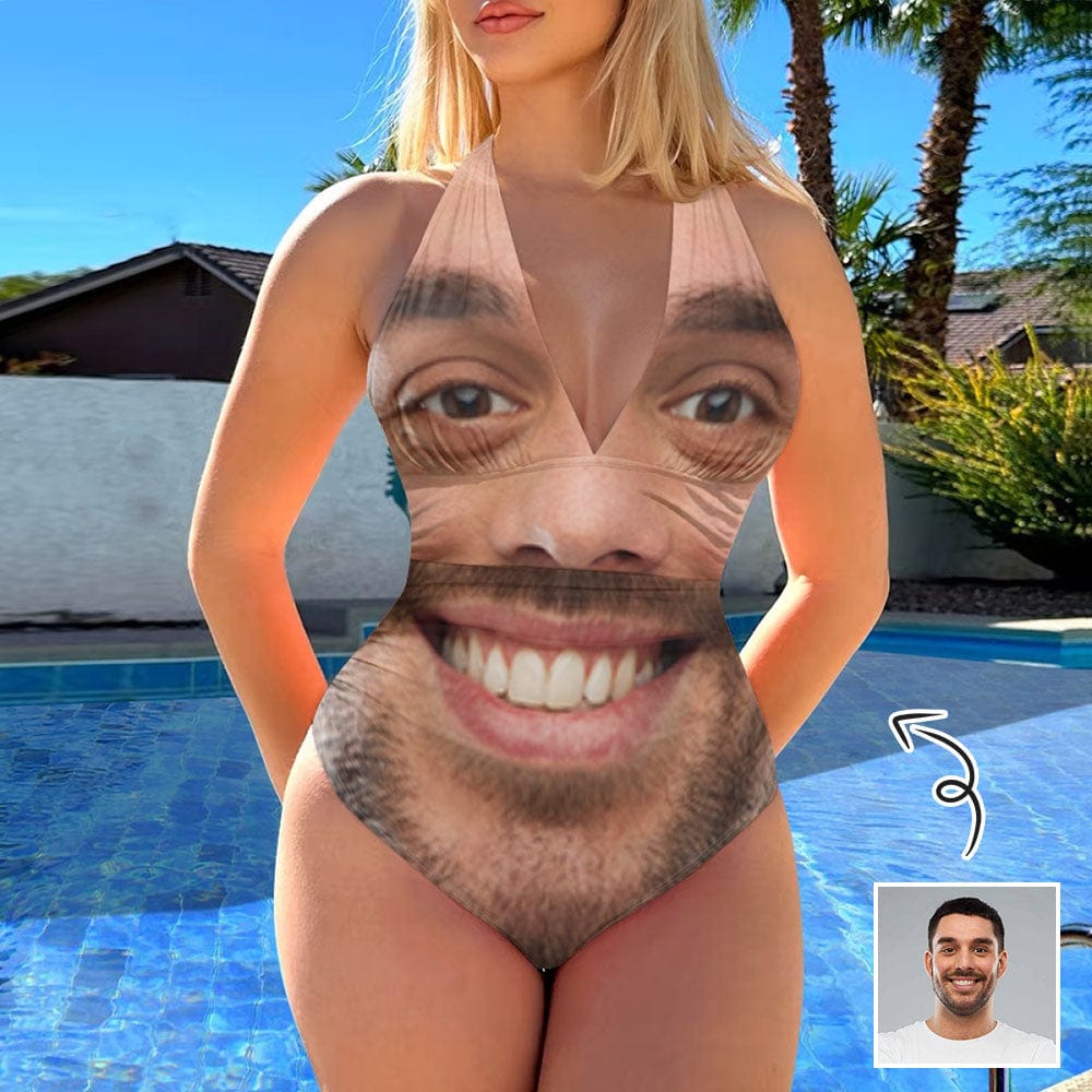 Custom Custom Face Big Funny Face Women's Halter Neck Tie One Piece Swimsuit Sexy Backless Wide Straps V Neck - YesCustom