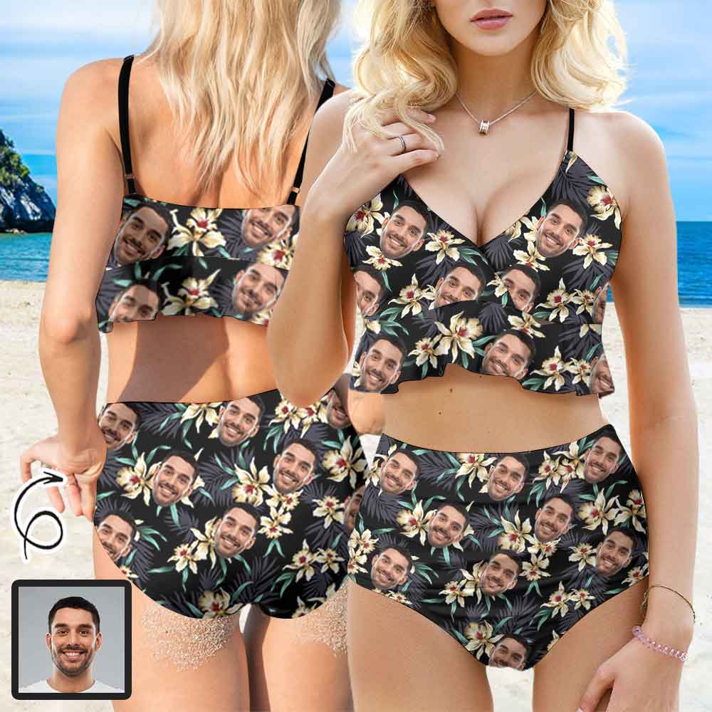 Custom Custom Face Bikini Plant Flowers V Neck Flounce High Waisted Bikini Personalized Bathing Suit Women's Two Piece Ruffle Hem Swimsuit Summer Beach Pool Outfits - YesCustom