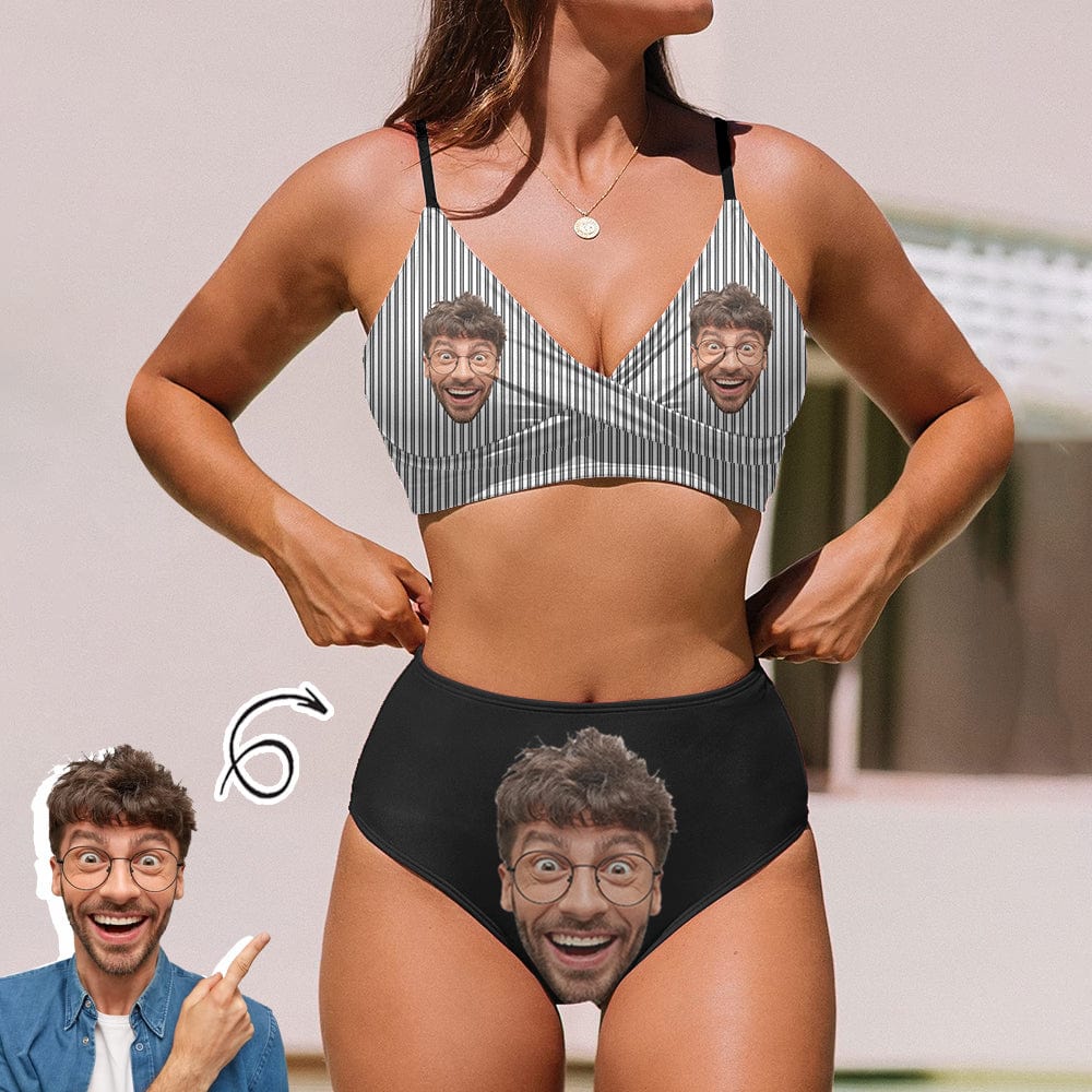 Custom Custom Face Black&White Bikini Sets High Waisted V Neck Twist Front Adjustable Spaghetti Straps Bathing Suit - YesCustom