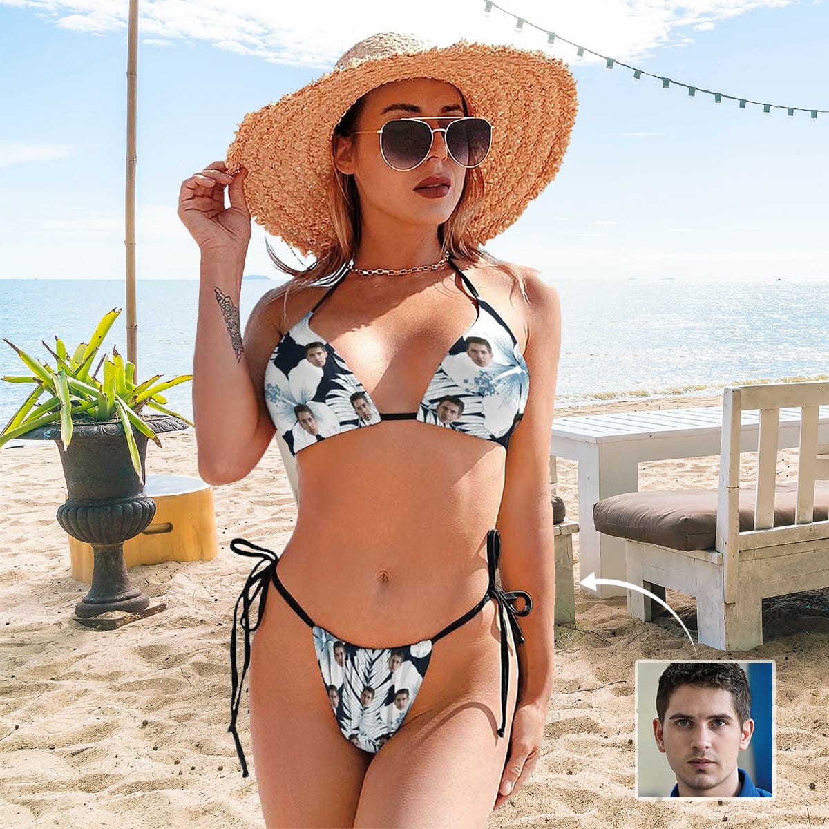 Custom Custom Face Bikini Watercolor Flowers Swimsuit Personalized Women's Triangle Bathing Suit - YesCustom