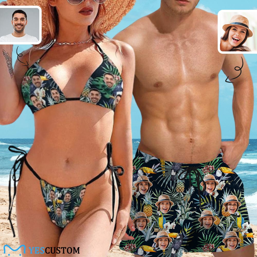 Custom Custom Face Bird Pineapple Flowers Couple Matching Swimsuit Women's Triangle Bikini Bathing Suit Men's Swim Shorts - YesCustom