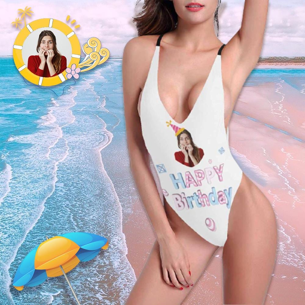 Custom Custom Face Birthday White Women's Halter Straps Backless Swimsuit - YesCustom