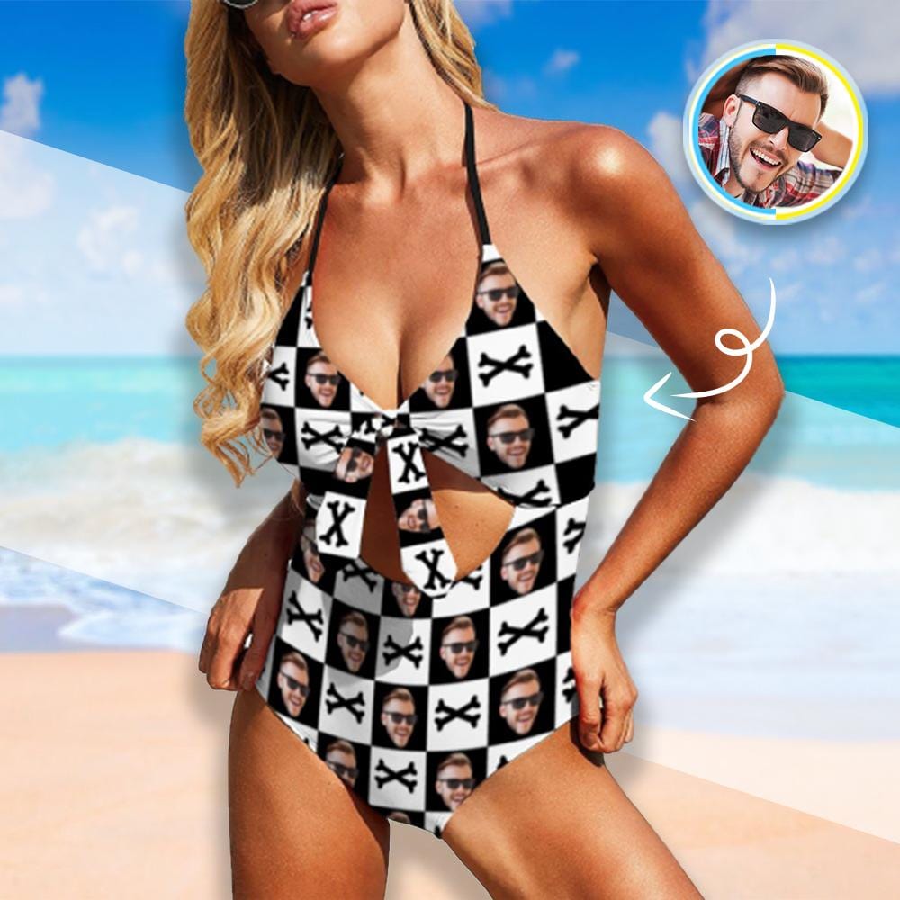 Custom Custom Face Black And White Chessboard Women's Backless Bow One Piece Swimsuit - YesCustom