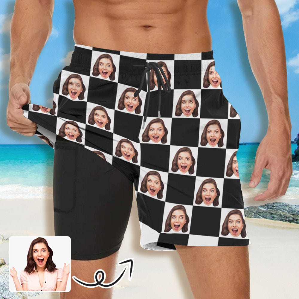 Custom Custom Face Black and White Grid Men's Quick Dry 2 in 1 Surfing & Beach Shorts Male Gym Fitness Shorts - YesCustom