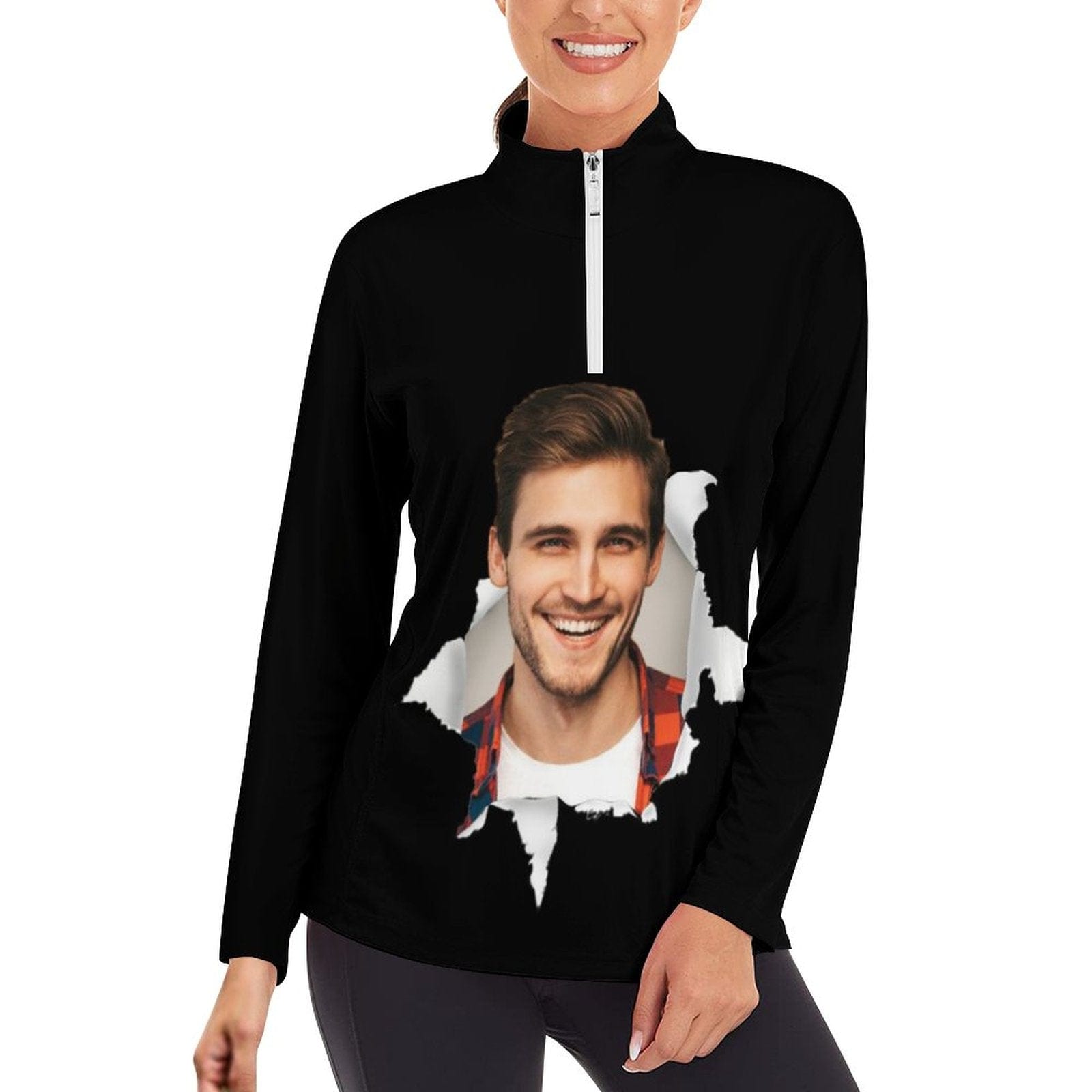 Custom Custom Face Black Background Funny Sweatshirt Personalized Women's Half Zip Top Sports Long Sleeve Sweatshirt - YesCustom