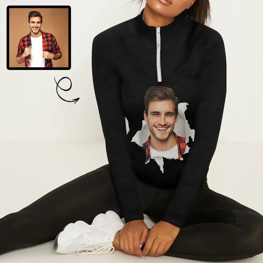 Custom Custom Face Black Background Funny Sweatshirt Personalized Women's Half Zip Top Sports Long Sleeve Sweatshirt - YesCustom