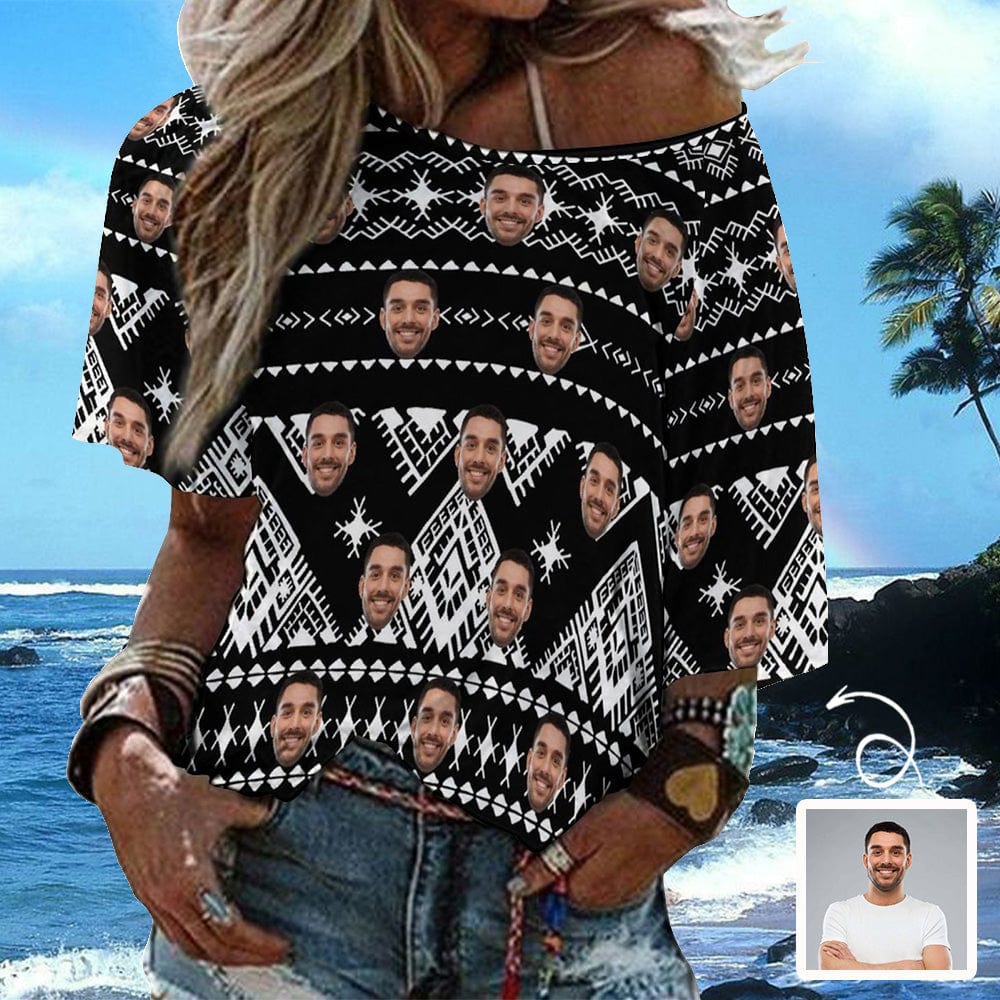 Custom Custom Face Black Background Loose Fit Tee Personalized One Side Off Shoulder Women's Mid Sleeve Straight Neck T-shirt - YesCustom